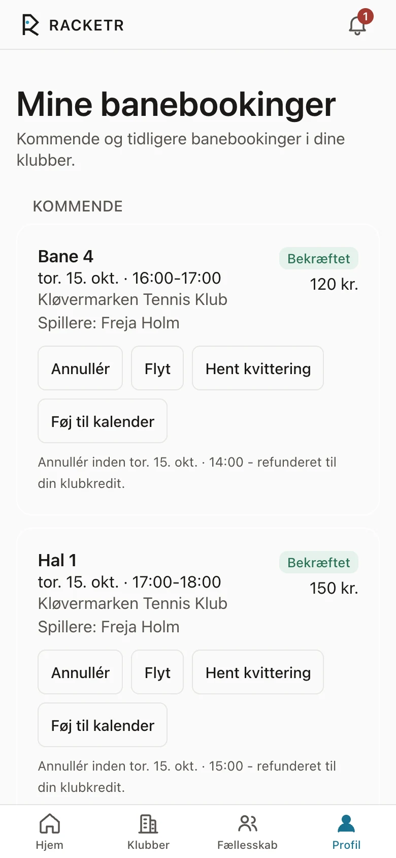 Mine banebookinger: de kommende bookinger med pris og afmeldingsfrist